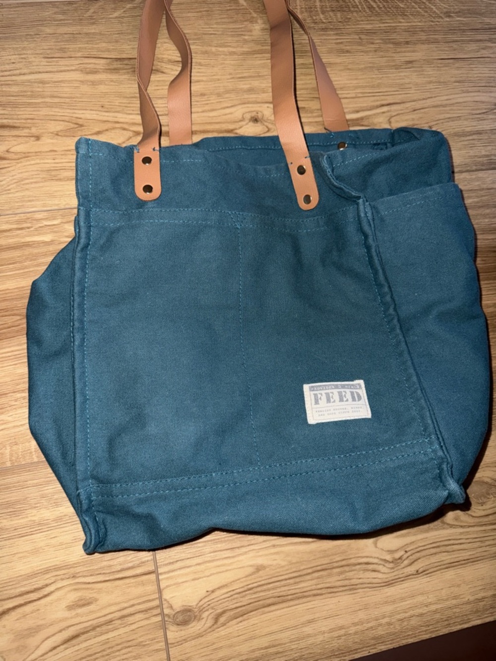FEED Teal Canvas Tote Bag with Leather Handles